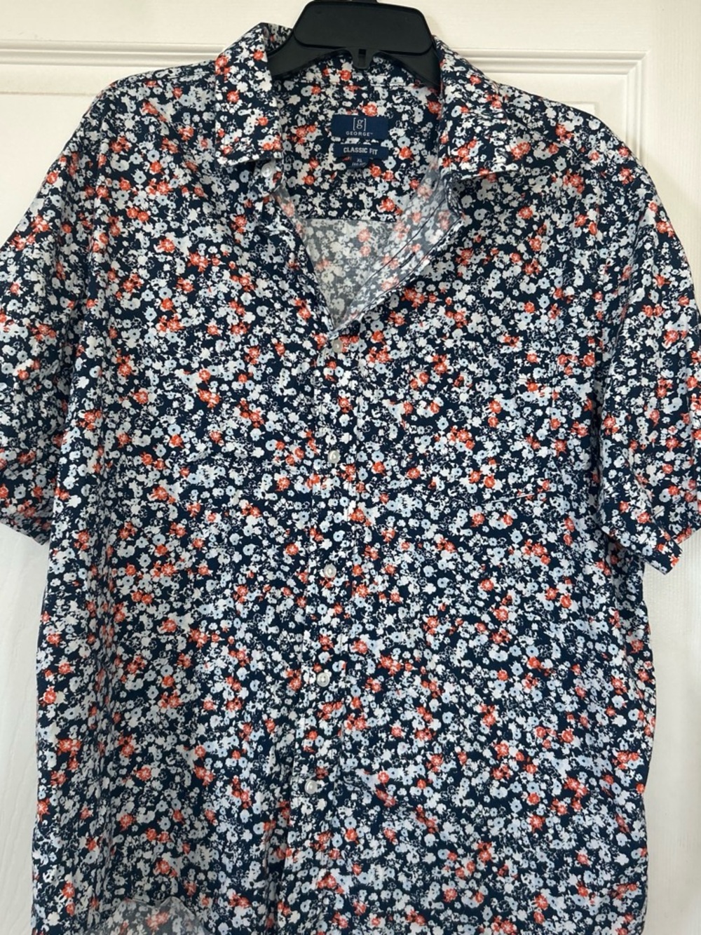 George Navy Floral Button-Up Shirt with Coral & White Blooms